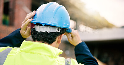 Buy stock photo Construction, helmet or man on site with safety, protection gear or equipment in building project. Compliance, back or hardhat for risk control, ppe or hazard prevention in industrial industry.
