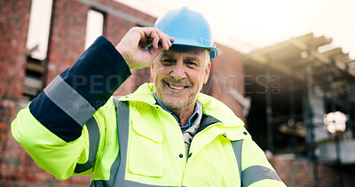 Buy stock photo Construction site, engineer and happy man with helmet for safety, building development or compliance. Hard hat, portrait and mature architect with smile, about us and ppe gear for hazard protection