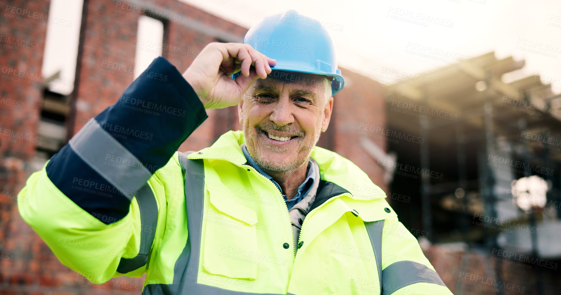 Buy stock photo Construction site, engineer and happy man with helmet for safety, building development or compliance. Hard hat, portrait and mature architect with smile, about us and ppe gear for hazard protection