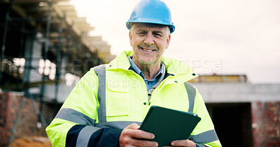 Buy stock photo Construction site, architect and happy man with tablet for building development with helmet. Technology, portrait and mature engineer with smile, about us or safety inspector with pride outdoor