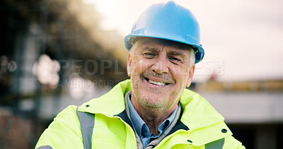 Buy stock photo Construction site, engineer and portrait of happy man outdoor for building development with helmet. Confidence, hard hat and mature architect with smile, about us or safety inspector with pride