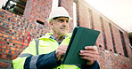 Thinking, man and construction worker on site with tablet for research on building renovation. Tech, planning and mature civil engineer with feedback on maintenance, repairs or property development.