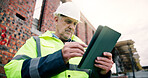Serious, civil engineer and man with tablet on construction site, online and planning for renovation. Architect, low angle and mature person with technology, research or info for property development