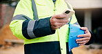 Civil engineer, online and hands with phone on construction site, chat or communication with contact. Architect, outdoor and person with mobile, texting and property development update on website