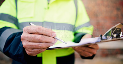 Buy stock photo Hands, architect and person with clipboard at construction site, schedule or safety compliance info. Pen, document and engineer with progress report, building regulations or project checklist