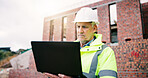 Thinking, man and construction worker on site with laptop for research on building renovation. Computer, plan and mature civil engineer with feedback on maintenance, repairs or property development.