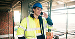 Phone call, engineer and happy with man on construction site for building inspection, contact and feedback. Renovation update, communication and architect project with person for expansion and chat