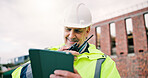 Radio, happy and construction worker on site with tablet for research on building renovation. Man, planning and mature civil engineer with feedback on maintenance, repairs or property development.
