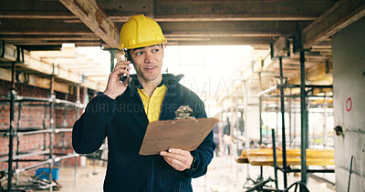 Buy stock photo Phone call, engineer and clipboard with man on construction site for building inspection, contact and feedback. Renovation checklist, communication and architect project with person for expansion
