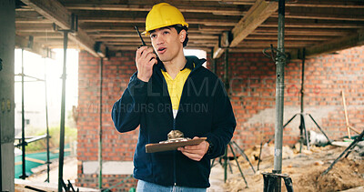 Buy stock photo Radio, engineer and clipboard with man on construction site for building inspection, contact and feedback. Renovation checklist, communication and architect project with person for expansion