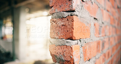 Buy stock photo Wall, cement and brick on construction site with engineering, renovation or infrastructure development. Space, stone or mortar with masonry for building project, architecture or property maintenance.