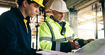 Blueprint, men and construction workers on site for discussion on repairs, renovation or building. Collaboration, floor plan and civil engineer with contractor for property development or maintenance