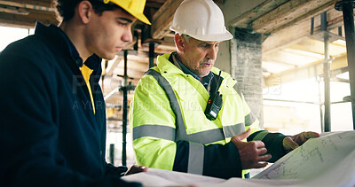 Buy stock photo Blueprint, men and construction workers on site for discussion on repairs, renovation or building. Collaboration, floor plan and civil engineer with contractor for property development or maintenance