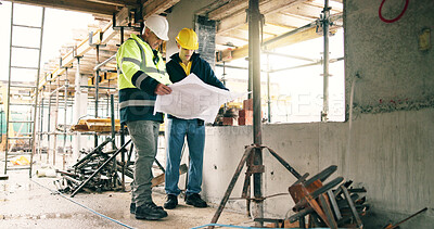 Buy stock photo Blueprint, collaboration and construction workers on site for discussion on repairs, renovation or building. Men, floor plan and civil engineer with contractor for property development or maintenance
