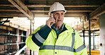 Phone call, engineer and talk with man on construction site for building inspection, contact and feedback. Renovation update, communication and architect project with mature person for expansion