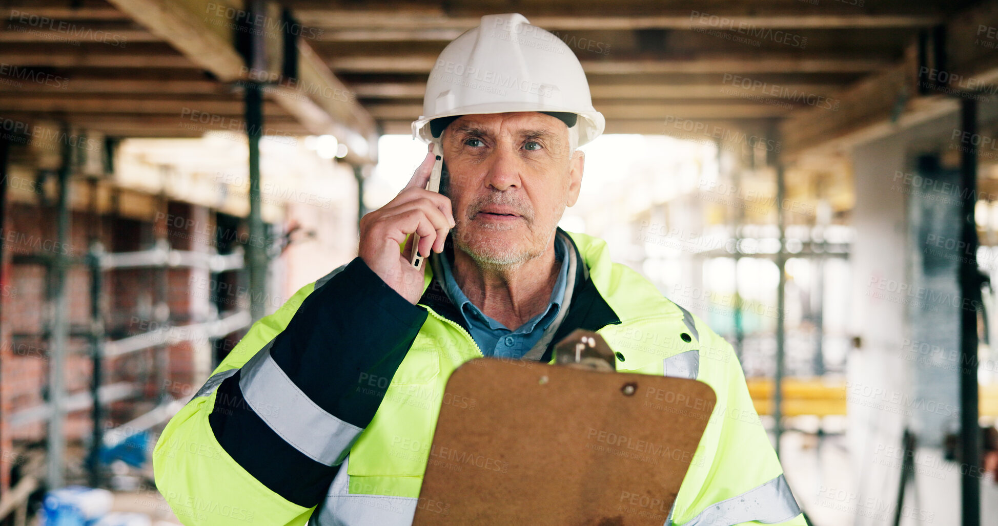 Buy stock photo Phone call, architect and clipboard with man on construction site for building inspection, contact and feedback. Renovation checklist, communication and engineer with mature person for expansion