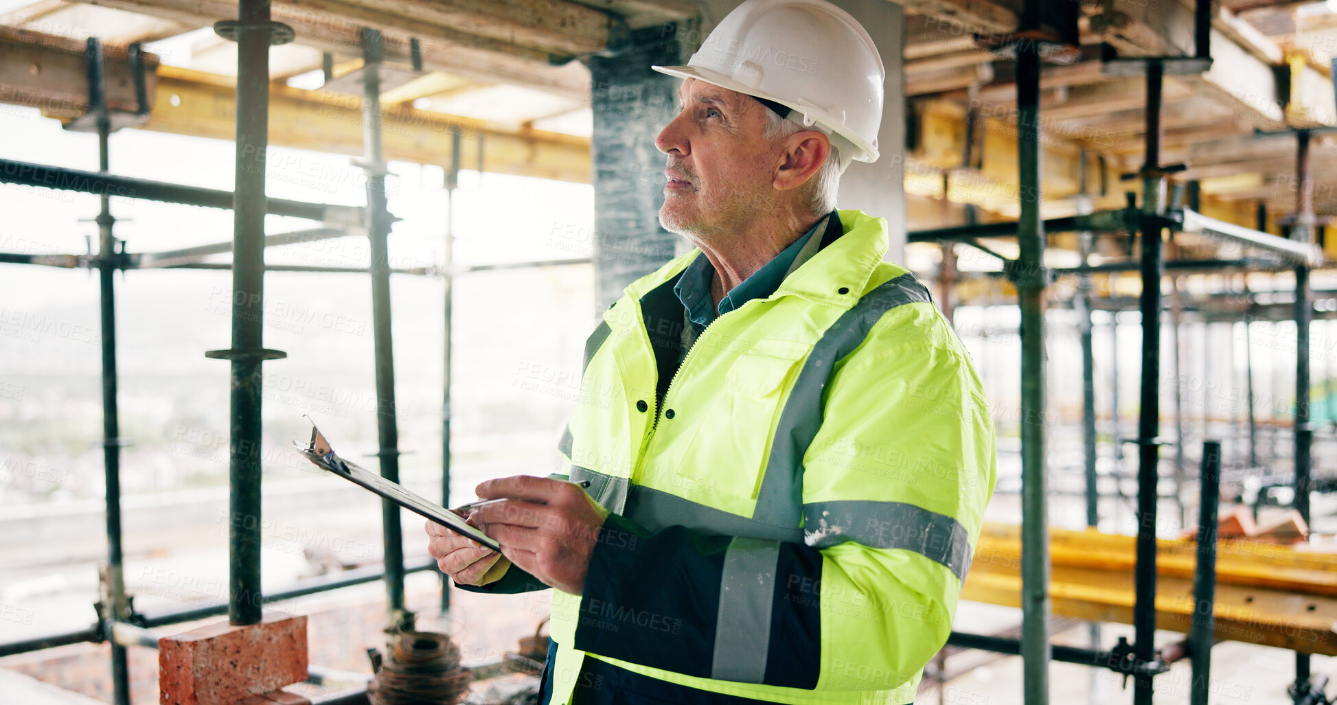 Buy stock photo Engineer, man and inspection on construction site with clipboard, safety compliance or evaluation. Manager, mature person and risk assessment in building with checklist, infrastructure review or plan