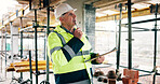 Man, inspection or thinking on construction site with clipboard, quantity surveyor or evaluation. Cost manager, mature person and building assessment with checklist, infrastructure or review expenses