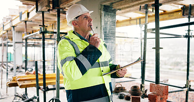 Buy stock photo Man, inspection or thinking on construction site with clipboard, quantity surveyor or evaluation. Cost manager, mature person and building assessment with checklist, infrastructure or review expenses