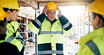 People, helmet or group on construction site for discussion, compliance update or property development. Mature inspector, team or hardhat on worksite for safety protocol, planning or project feedback