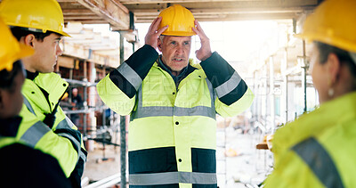 Buy stock photo People, helmet or group on construction site for discussion, compliance update or property development. Mature inspector, team or hardhat on worksite for safety protocol, planning or project feedback