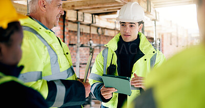 Buy stock photo People, tablet and team on construction site for discussion, compliance update or property development. Civil engineer, group and tech on worksite for safety training, planning or project feedback
