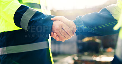 Buy stock photo Engineering, team and handshake on construction site with deal, property development or partnership. Civil engineer, people and shaking hands with building outdoor, collaboration and infrastructure.