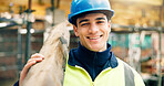 Happy, man and portrait of construction worker on site with confidence for building, renovation or repairs. Smile, about us and civil engineer with pride for property development or maintenance.