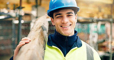 Buy stock photo Happy, man and portrait of construction worker with plank on site for building, renovation or repairs. Smile, about us and civil engineer with wooden slab for property development or maintenance.