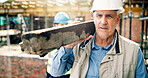 Thinking, man and construction worker on site with ideas for building, renovation or repairs. Smile, planning and mature civil engineer with decision for property development, maintenance or project.