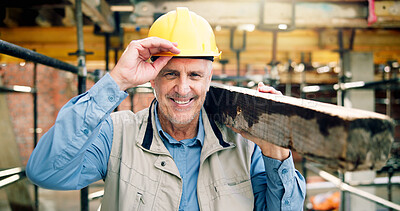 Buy stock photo Hardhat, man and portrait of construction worker on site with confidence for building, renovation or repair. Smile, job and mature civil engineer with pride for property development or maintenance.
