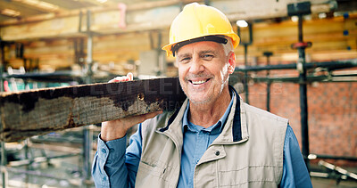 Buy stock photo Happy, man and portrait of civil engineer on site with confidence for building, renovation or repair. Smile, about us and mature construction worker with pride for property development or maintenance