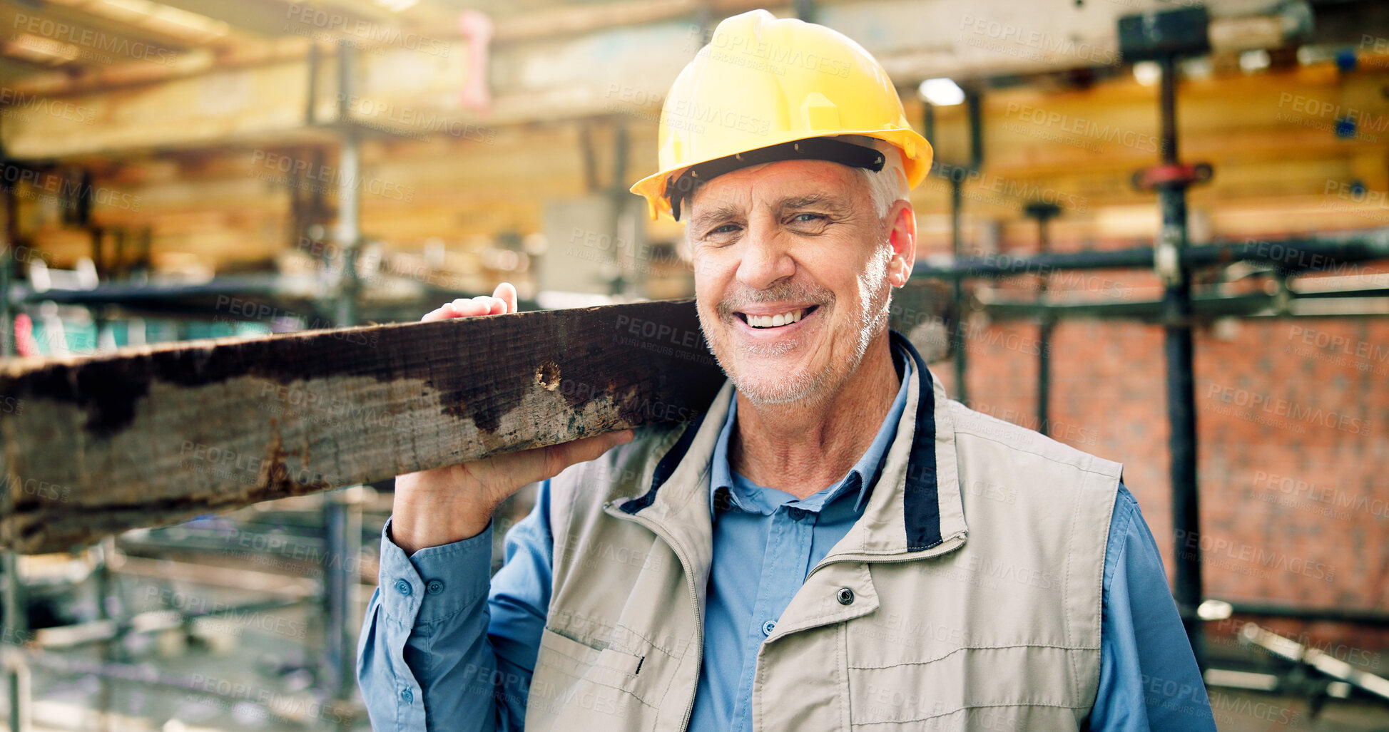 Buy stock photo Happy, man and portrait of civil engineer on site with confidence for building, renovation or repair. Smile, about us and mature construction worker with pride for property development or maintenance