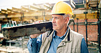 Thinking, mature man and wood on construction site for renovation, scaffolding and mindset with lumber. Person, laborer and plank with vision for remodeling project, infrastructure upgrade and helmet