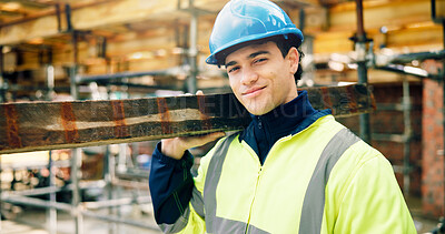 Buy stock photo Professional, plank and portrait of construction worker on site with confidence for building or renovation. Smile, man and civil engineer with wooden beam for property development or maintenance.