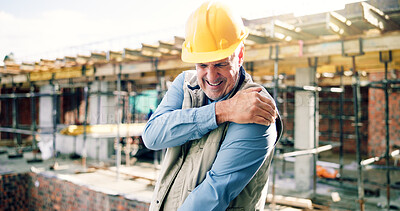 Buy stock photo Construction, stress and mature man with shoulder pain, accident and workplace injury on site. Contractor, engineering and person with joint ache, strain and hurt for tension, fibromyalgia and sprain