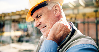 Buy stock photo Neck pain, stress and mature man on construction site with accident, muscle fatigue and tension. Contractor, engineer and person with strain, fibromyalgia and pressure for overworked, injury and hurt