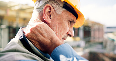 Buy stock photo Neck pain, outdoor and mature man on construction site with accident, muscle fatigue and tension. Contractor, stress and person with strain, fibromyalgia and pressure for overworked, injury and hurt