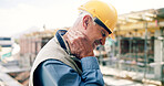 Neck pain, burnout and mature man on construction site with accident, muscle fatigue and tension. Contractor, stress and person with injury, fibromyalgia and pressure for overworked, strain and hurt