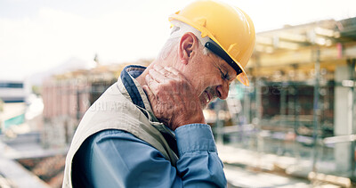 Buy stock photo Neck pain, burnout and mature man on construction site with accident, muscle fatigue and tension. Contractor, stress and person with injury, fibromyalgia and pressure for overworked, strain and hurt