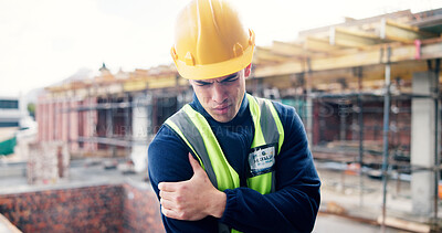 Buy stock photo Construction, stress and man with shoulder pain, accident and workplace injury on site. Contractor, engineering and person with joint ache, strain and hurt for tension, fibromyalgia and pressure