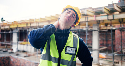 Buy stock photo Neck pain, injury and man on construction site with stress, muscle fatigue and pressure for building. Outdoor, engineer and person with strain, burnout and tension for overworked, mistake and hurt