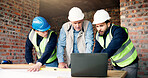 Engineering, team and meeting on construction site with laptop, blueprint or brainstorming for project. Civil engineer, men and talk in building with computer, plan and research for infrastructure.