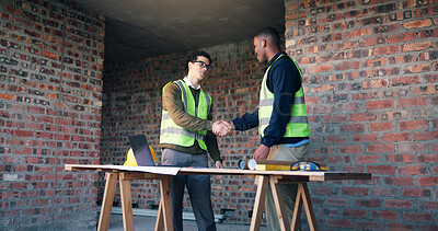 Buy stock photo Construction, handshake or men with safety inspection, building deal or approval in site check. Industrial, partnership or engineers with shaking hands, agreement or clearance in compliance review.