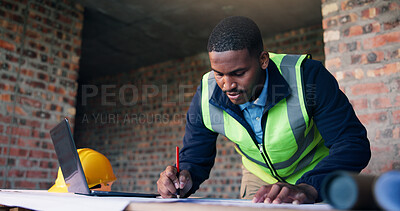 Buy stock photo Architect, man and drawing blueprint on desk, project and renovation plans for property development. Civil engineering, sketch and black person with document, building design or creative architecture