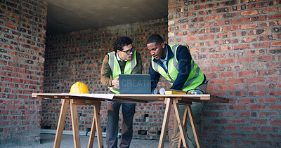 Buy stock photo Team, laptop and engineers at construction site for discussion, safety compliance or project review. Planning, computer and men with development for building design, quality assurance or protocol