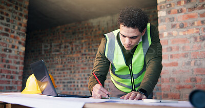 Buy stock photo Architect, man and drawing floor plan on desk, creative and building design for property development. Civil engineering, blueprint and person with documents, project management or architecture sketch