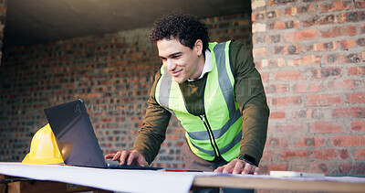 Buy stock photo Architect, man and smile with laptop in building, renovation plan and info for property development. Project, online and happy person with blueprint, design and civil engineering with technology