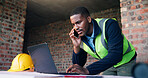 Phone call, laptop and black man as architect with planning, research or strategy at construction site. Person, technology and engineer online for CAD, internet and productivity for civil engineering