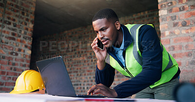 Buy stock photo Phone call, laptop and black man as architect with planning, research or strategy at construction site. Person, technology and engineer online for CAD, internet and productivity for civil engineering